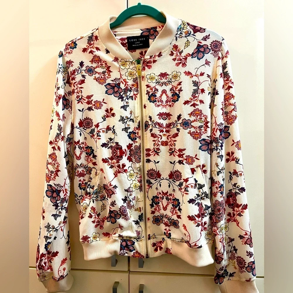 Love Tree Black Pink Floral Zip Up Jacket Womens Large Long Sleeve Pockets
